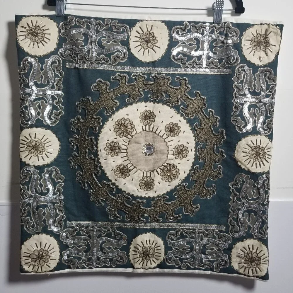 Bundle of Z Gallerie Green/Cream Embellished Pillow Covers